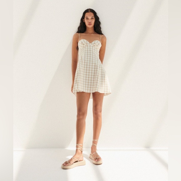Zara Gingham Checked Linen Bustier Sweetheart Mini Dress Tan White S - Picture 5 of 12
